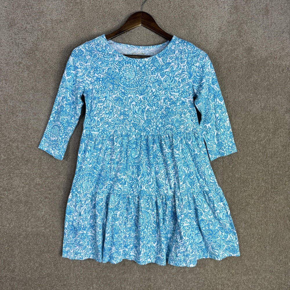 Lilly Pulitzer Dress‎ Girls XL 12-14 Blue White Floral Tiered 3/4 Sleeve Cotton